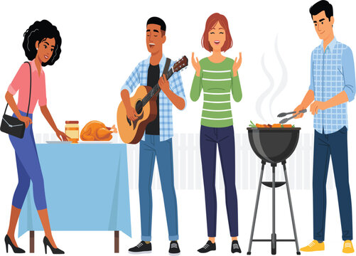 Happy friends having backyard barbecue party with guitar music, summer grill celebration vector illustration