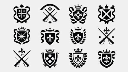 Set of twelve black and white vector heraldic crests with crowns and fleur de lis symbols. © PRITOM