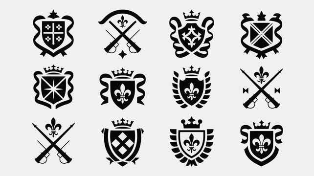Set of twelve black and white vector heraldic crests with crowns and fleur de lis symbols.