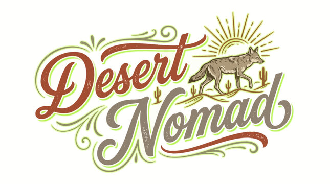 Vintage style hand lettered Desert Nomad design with a coyote illustration.