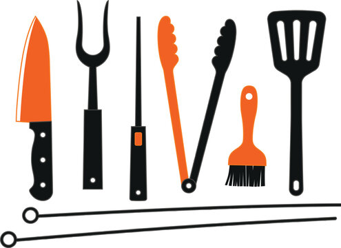 Barbecue grilling tools set with knife spatula and tongs, orange black bbq utensils vector illustration