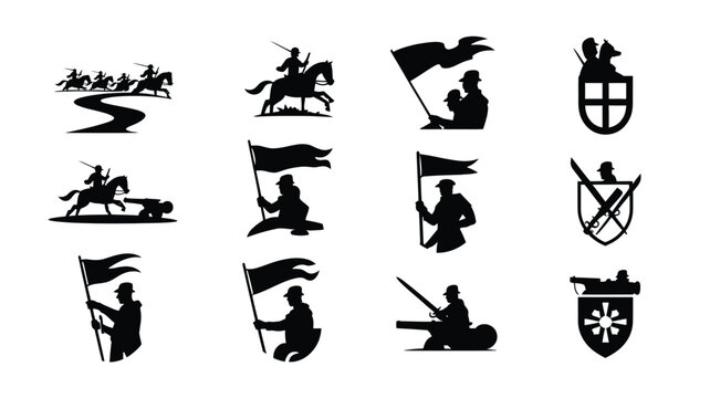 Battle of Boyne historical battle scene soldier and cannon vector icons.