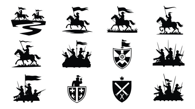 Military battle icons set with cavalry horsemen soldiers and historical heraldic shields.
