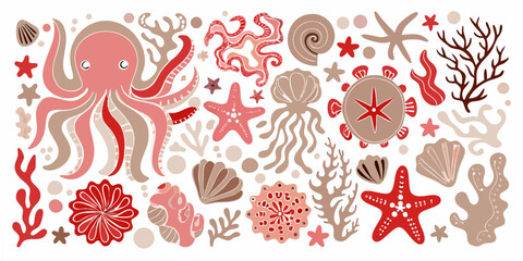 Marine Life Illustration With Octopuses Starfish And Coral © Prince