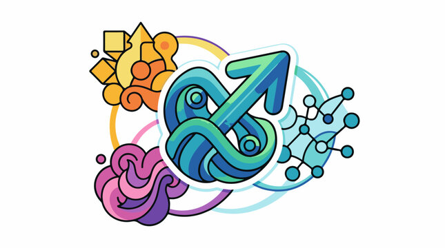 A colorful abstract illustration features intertwined arrows and shapes