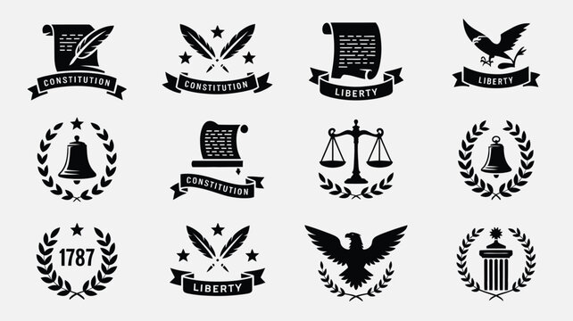 Set of liberty and constitution icons, including scrolls, quills, eagles, and scales of justice.