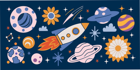 Planets Rocket And Flowers Vector Illustration Against A Dark Blue Background © Prince