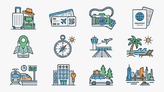 Elegant Colorful Travel and Vacation Icons Set Featuring Luggage Passport Camera Map Airport Beach and City Skyline