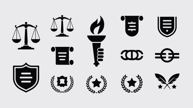 Comprehensive black vector icon set with various judicial and academic school symbols.