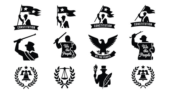 Patriotic we the people icons and constitutional emblems featuring figures with documents.