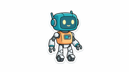 Fototapeta premium A cartoon robot with a teal head and orange vest stands on a white background