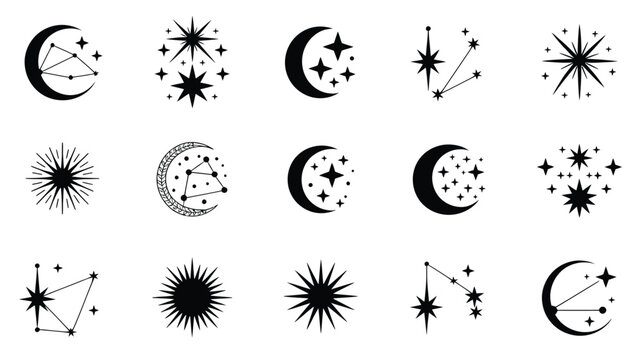 Constellations and stars set celestial icons moon phases and abstract starbursts.