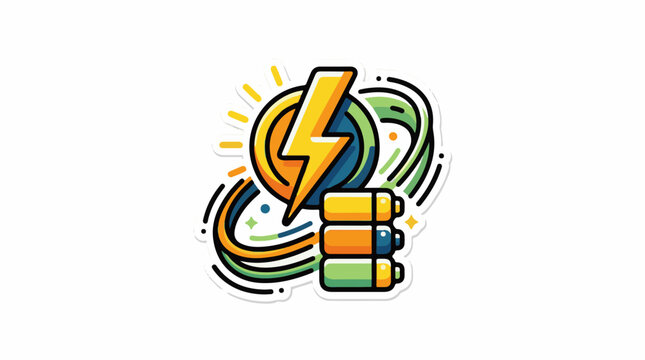 A colorful graphic illustration of a lightning bolt with a battery