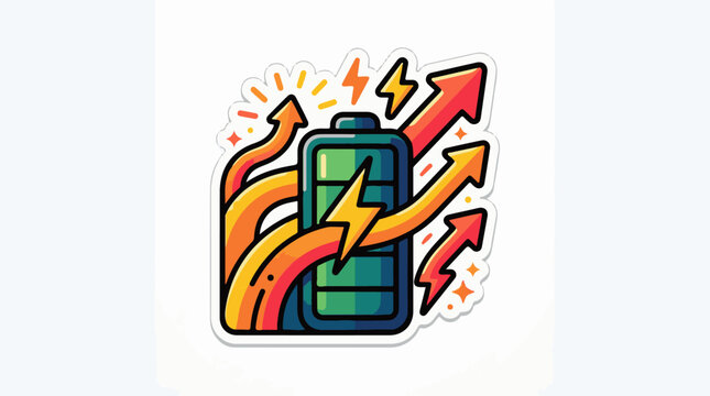 A colorful battery icon with arrows and lightning bolts indicating energy