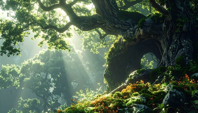 A giant tree with twisted branches in a lush forest