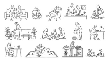 Obraz premium Vector cutaway illustration of residential scale figures performing domestic household activities and cooking indoor