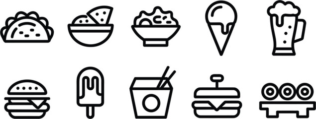 Fototapeta premium Fast food and beverage line icons collection, restaurant menu symbols for dining and snacks