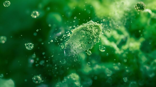 Microscopic view of green bacteria or virus cells in liquid.