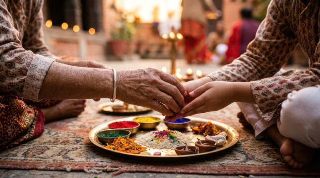 Elderly woman applies tilak to younger persons forehead during festival.