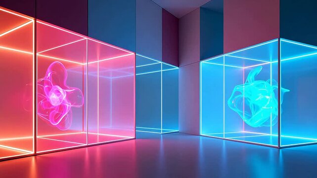 Neon light boxes in a room