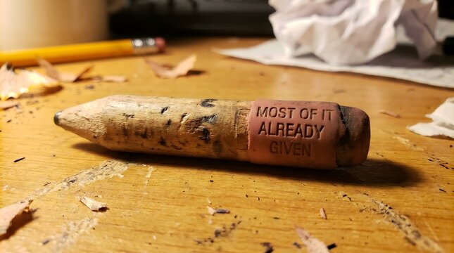 A worn-down pencil stub with the words 'Most of it already given' printed on its eraser, serving as a powerful metaphor for selflessness, exhaustion, and giving one's all until depletion.