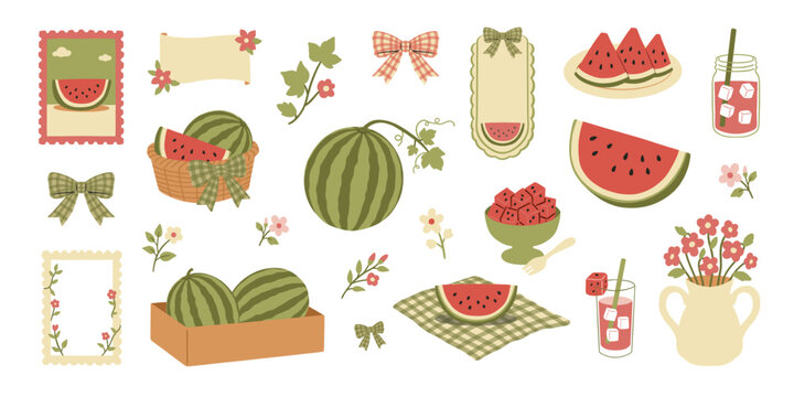 Watermelon Summer Sticker Set in Flat Cartoon Style. Watermelon slices, whole watermelon, juice drinks, floral frames, bows, picnic blanket, flower vase and vintage labels