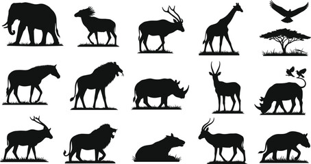 African Savanna Wildlife Black Silhouette Icon Set Featuring Elephant Lion Giraffe Rhino and Antelope Elements for Safari Nature Graphic Designs © Himel