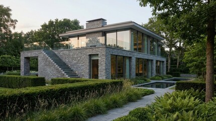 Fototapeta premium Modern Architectural Marvel - A Luxurious Home Amidst Lush Greenery and Tranquil Landscapes.