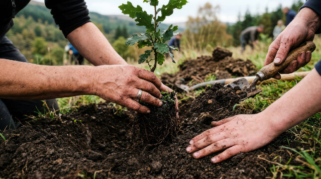 Hands planting a young oak sapling tree in fertile soil outdoors.