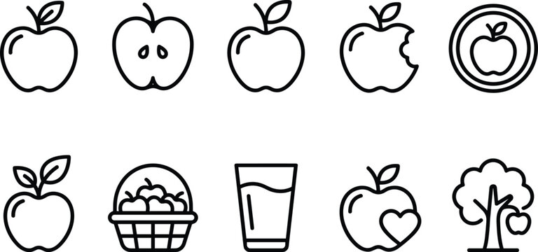 Apple Fruit Icon Set with Bitten Half Cut Apple Basket Tree Juice Glass Heart Shape and Healthy Food Linear Vector Graphics