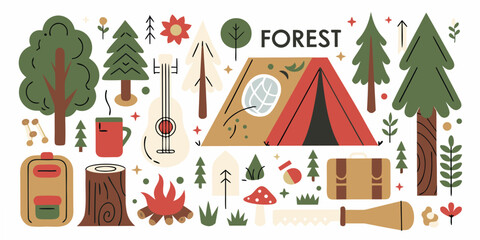 Forest camping illustration with trees tent and outdoor elements © Sukla