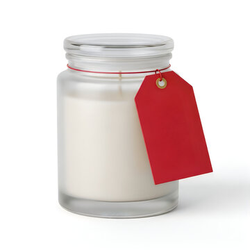 Glass jar with a red price tag attached by a string