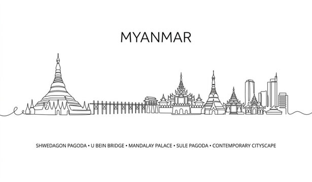 Myanmar Cityscape Line Drawing Vector with Yangon Skyline and Famous Burmese Landmarks