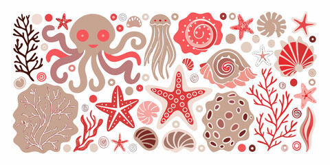 Marine life illustration featuring octopuses starfish and coral on a white background © Sukla