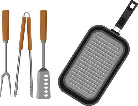 Rectangular grill pan with tongs spatula and fork, barbecue cooking utensils vector illustration