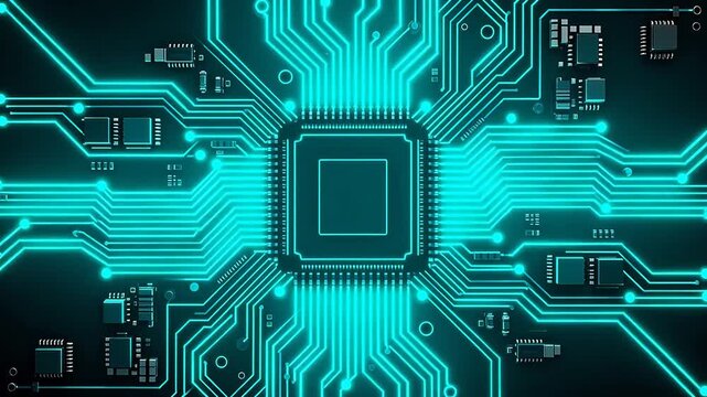 Circuit board with glowing blue lines