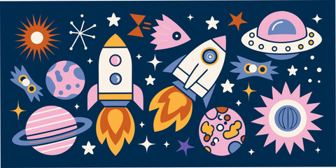 Space Exploration Vector Illustration With Planets Rockets And A Ufo © Sukla