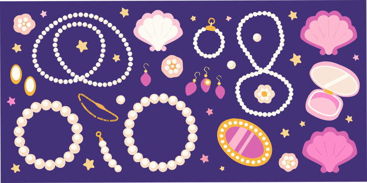 Pearl Necklaces Earrings And Shells In A Vector Illustration