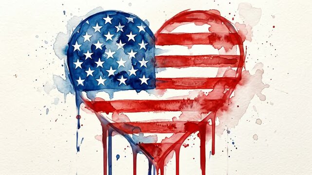 Watercolor American Flag Heart Shape Painting with Dripping Ink Effect