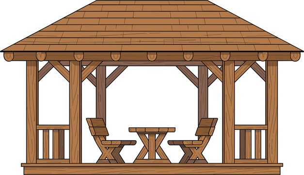 Wooden garden gazebo vector illustration, outdoor pavilion with seating area for park and backyard relaxation
