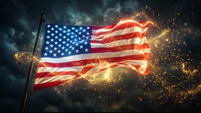 Waving United States Flag with Magical Gold Particle Effects Background