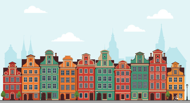 Vibrant row of historic European townhouses with ornate gables and colorful facades against a blue city silhouette.