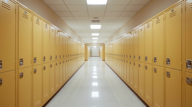 Empty School Hallway Lined With Rows of Yellow Lockers.