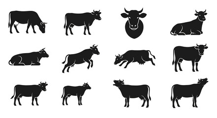 Obraz premium A group of cows in various poses are depicted in black silhouette against a plain background.