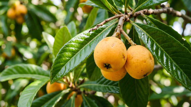 Fresh loquats on a branch with green leaves in a garden