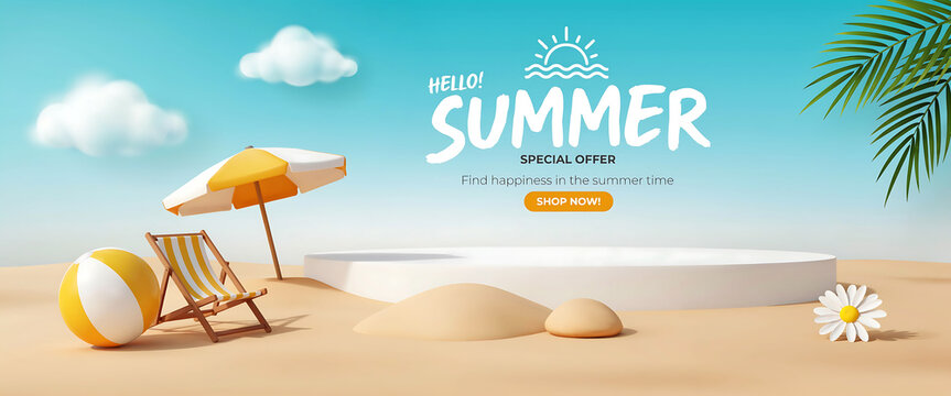 Summer special offer advertisement with circular white podium for products on sand dunes with beach toys and furniture against clear blue sky for seasonal e-commerce marketing ads.