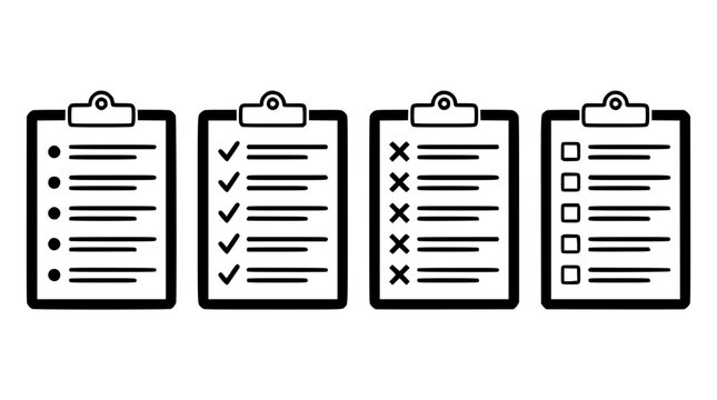 Clipboard Icon Set with Check Marks, Cross Marks, and List Lines on Simple White Background for Office Organization Concept