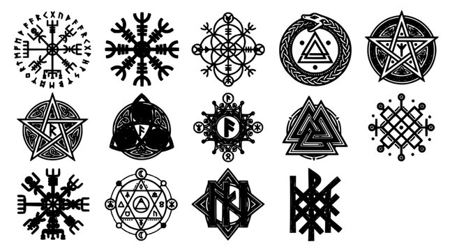 Runes Emblem Icons Set with Ancient Magical Symbols and Geometric Patterns for Occult Magic and Fantasy Design