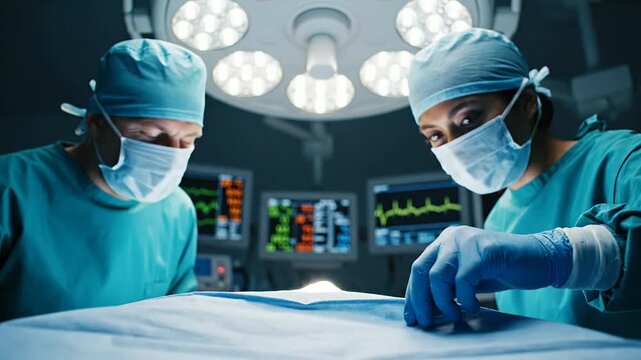 First-Person Perspective from the Operating Table of Two Surgeons Performing Surgery in a Modern Healthcare Setting with Surgical Lights and Monitors