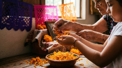 Two women preparing marigold petals for Day of the Dead celebration.